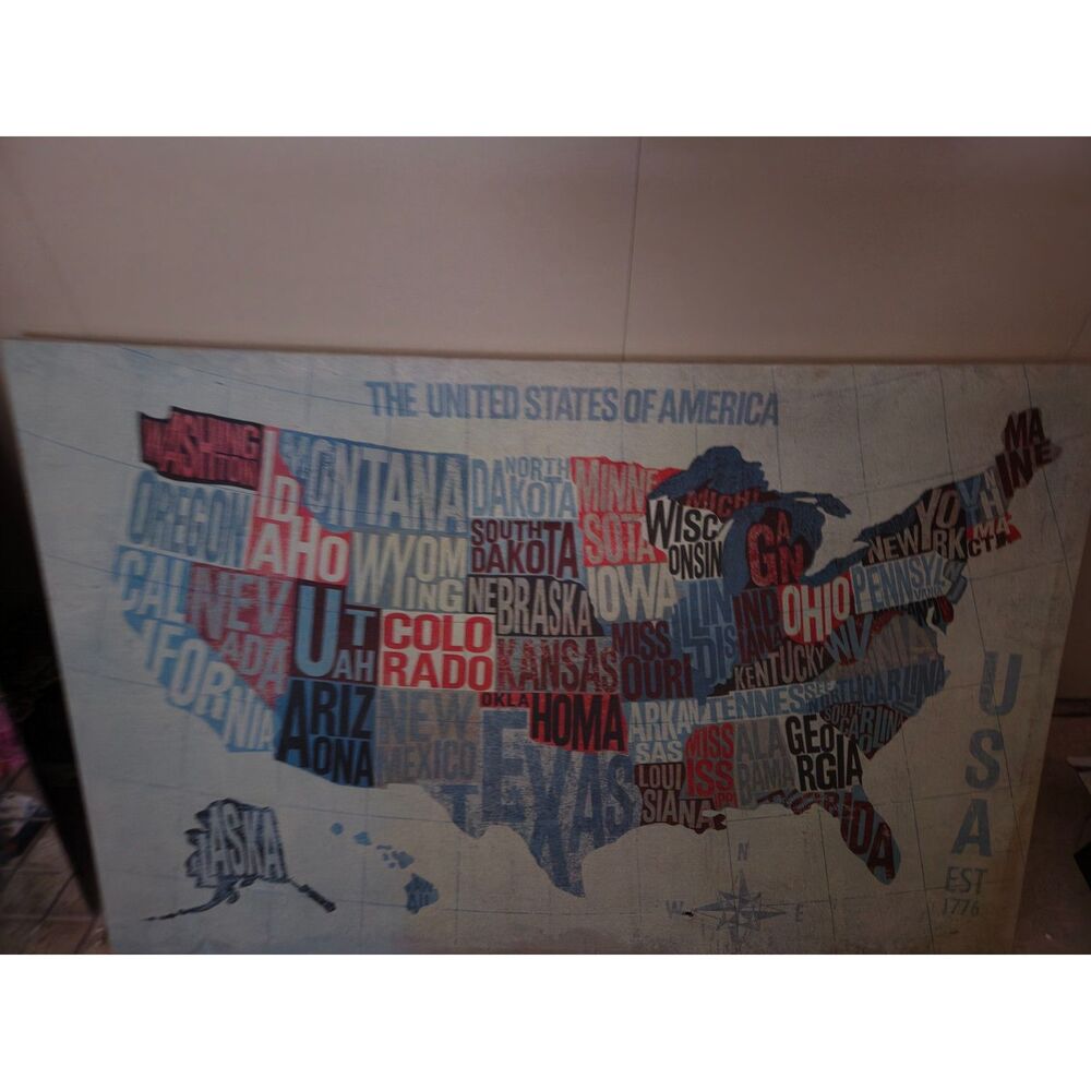 Vintage US Map Canvas Wall Art The United States of America Typography Decor